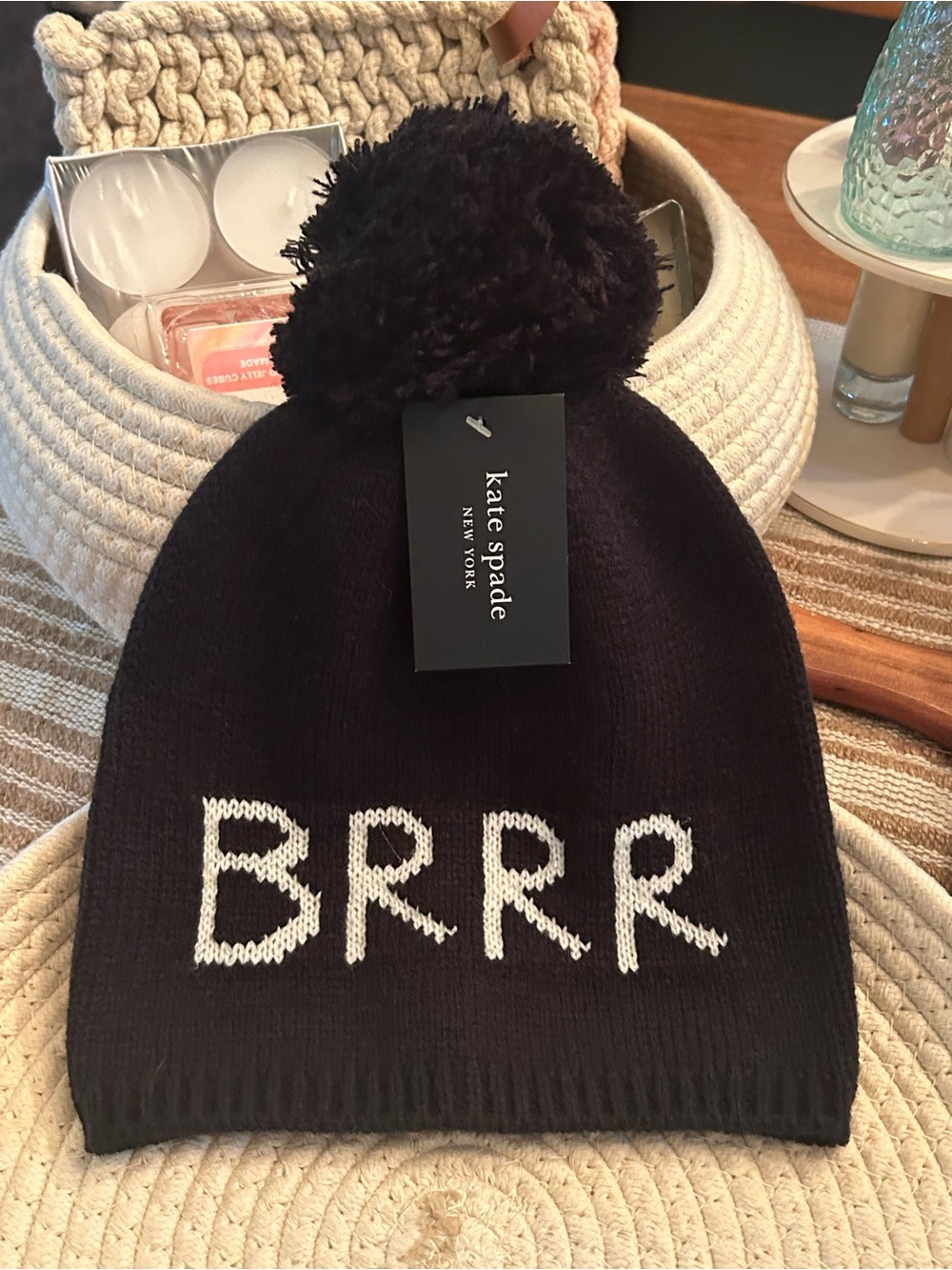 kate spade Kids Black Knit Pom Beanie with "BRRR"